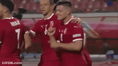 A Group Of Soccer Players Are Celebrating A Goal On A Field GIF