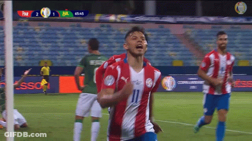 A Group Of Soccer Players Are Celebrating A Goal On The Field . GIF