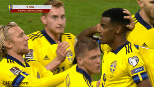 A Group Of Soccer Players Are Celebrating A Goal With The Headline 9 Isak GIF