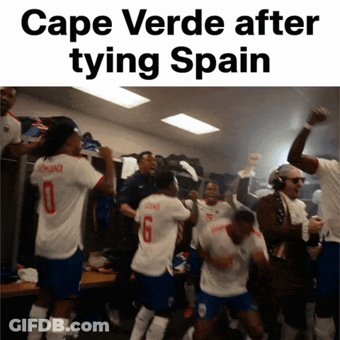 A Group Of Soccer Players Are Celebrating In A Locker Room And The Caption Says Cape Verde After Tying Spain GIF