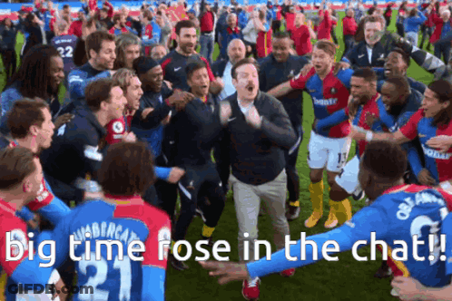 A Group Of Soccer Players Are Celebrating On A Field With The Caption " Big Time Pose In The Chat ! " GIF