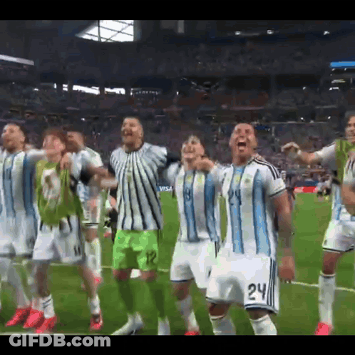 A Group Of Soccer Players Are Celebrating On The Field With A Visa Ad In The Background GIF