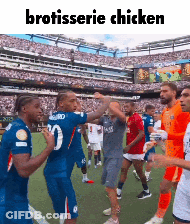 A Group Of Soccer Players Are Dancing On A Field With The Caption " Brotisserie Chicken " Above Them GIF