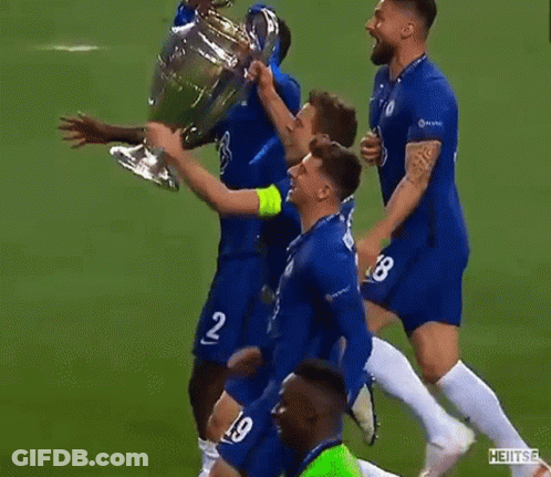 A Group Of Soccer Players Are Holding A Trophy On The Field . GIF