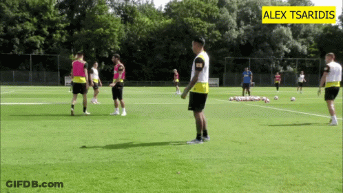 A Group Of Soccer Players Are On A Field With The Name Alex Tsaridis On The Bottom GIF