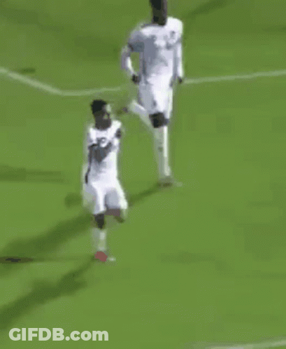 A Group Of Soccer Players Are Playing A Game On A Green Field . GIF