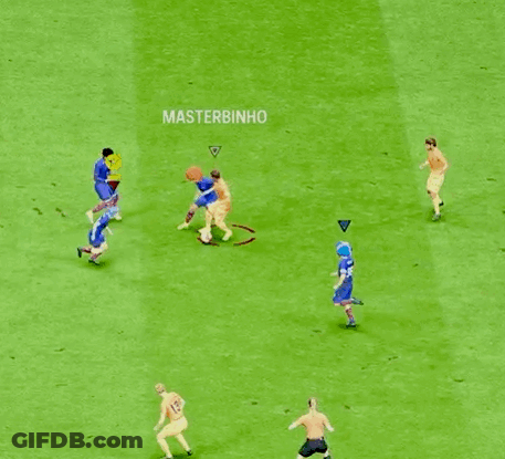 A Group Of Soccer Players Are Playing On A Field With A Yellow Sign That Says " Your Money " GIF
