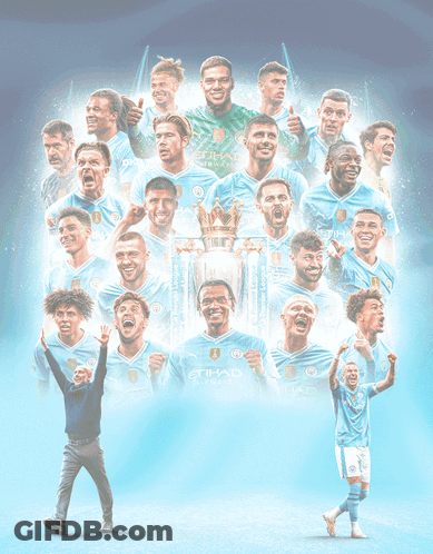 A Group Of Soccer Players Are Posing For A Photo With A Trophy That Says ' Etihad Airways ' On It GIF
