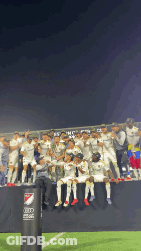 A Group Of Soccer Players Are Posing For A Picture In Front Of A Sign That Says Audi GIF