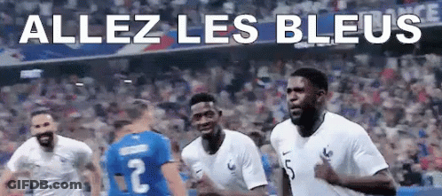A Group Of Soccer Players Are Running On A Field With The Words Allez Les Bleu Written On The Bottom . GIF