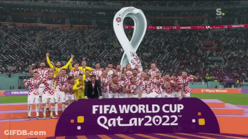 A Group Of Soccer Players Are Standing In Front Of A Sign That Says Fifa World Cup Qatar2022 GIF