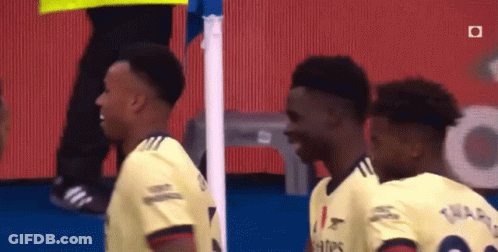 A Group Of Soccer Players Are Standing Next To Each Other On A Field And Laughing . GIF