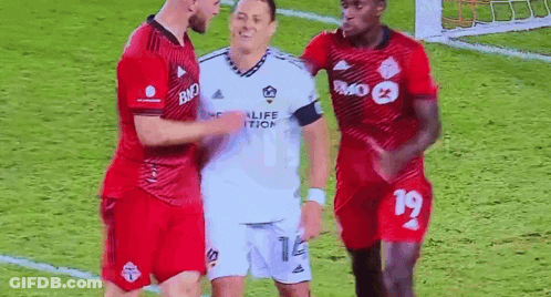 A Group Of Soccer Players Are Standing Next To Each Other On A Soccer Field . GIF