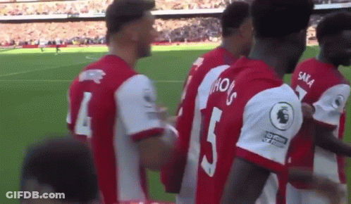 A Group Of Soccer Players Are Standing On A Field With One Wearing The Number 5 GIF