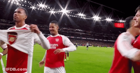 A Group Of Soccer Players Are Standing On A Field With Their Shirts Off . GIF
