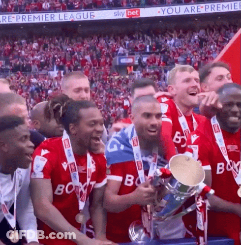 A Group Of Soccer Players Holding A Trophy In Front Of A Sky Bet Sign GIF