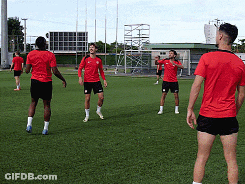 A Group Of Soccer Players In Red Shirts Are Playing On A Field GIF
