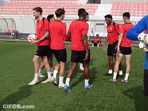 A Group Of Soccer Players In Red Shirts Are Standing On The Field GIF
