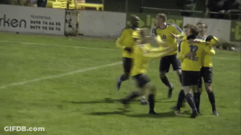 A Group Of Soccer Players On A Field With A Sign That Says Guy Van GIF