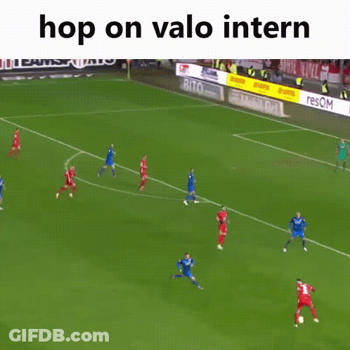 A Group Of Soccer Players On A Field With The Words Hop On Valo Intern Written Above Them GIF