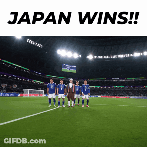 A Group Of Soccer Players On A Field With The Words Japan Wins GIF