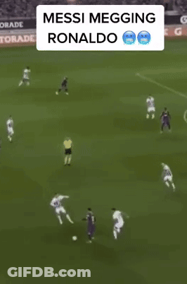 A Group Of Soccer Players On A Field With The Words Messi Megging Ronaldo GIF