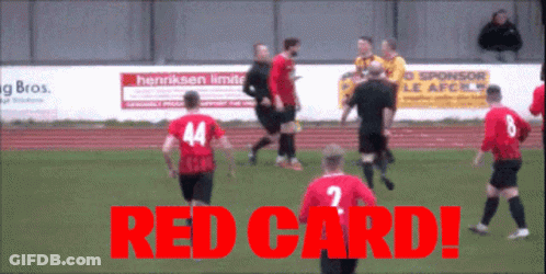 A Group Of Soccer Players On A Field With The Words Red Card Written In Red GIF