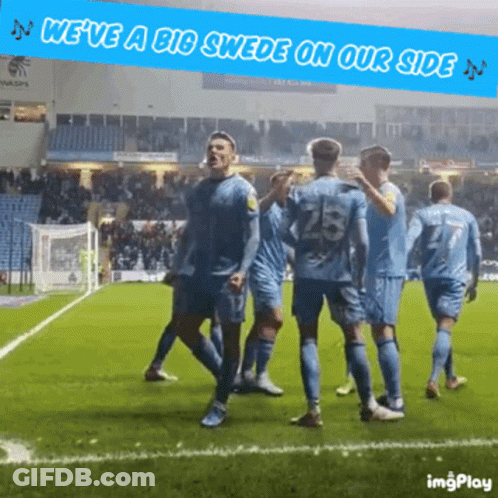 A Group Of Soccer Players On A Field With The Words " We 'Ve A Big Swede On Our Side " Above Them GIF