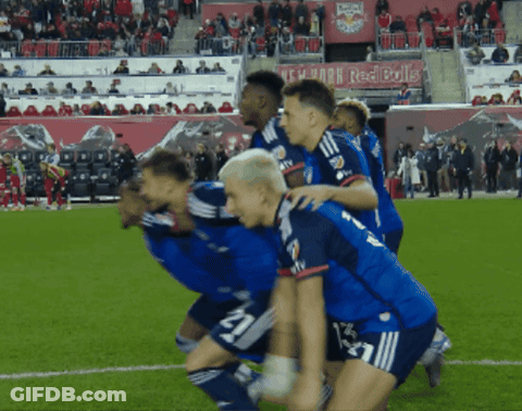 A Group Of Soccer Players On The Field With A Red Bulls Banner In The Background GIF