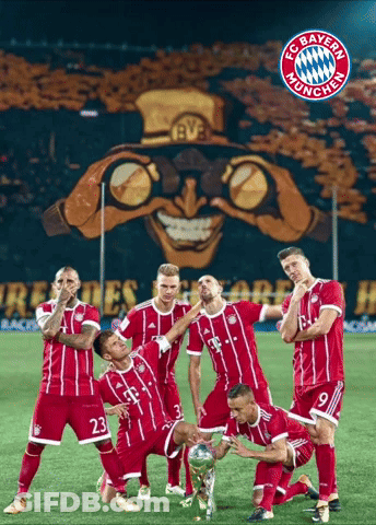 A Group Of Soccer Players Posing For A Picture With The Fc Bayern Munchen Logo On The Bottom GIF