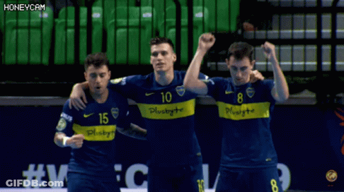 A Group Of Soccer Players Wearing Blue And Yellow Jerseys With Plusbyte Written On Them GIF