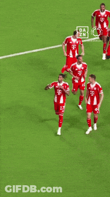 A Group Of Soccer Players Wearing Red Jerseys With The Number 17 On The Front GIF