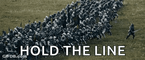 A Group Of Soldiers Are Lined Up In A Field With The Words Hold The Line Above Them GIF