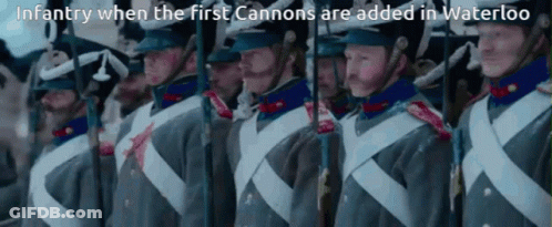 A Group Of Soldiers Are Lined Up In A Line With The Caption Infantry When The First Cannons Are Added GIF