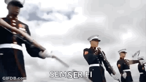 A Group Of Soldiers Are Marching In A Line With Their Guns In A Parade . GIF