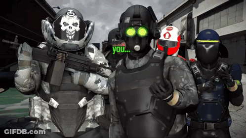 A Group Of Soldiers Are Posing For A Picture And One Of Them Is Wearing A Helmet That Says " You " GIF