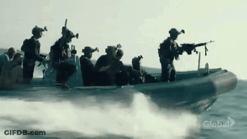 A Group Of Soldiers Are Riding In A Boat In The Ocean With Global Written On The Bottom GIF