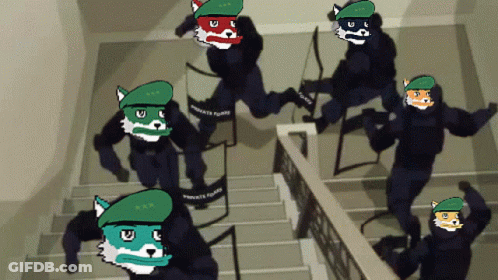 A Group Of Soldiers Are Running Down Stairs With Shields That Say Private Forces GIF