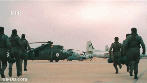 Soldiers Running Toward Helicopter With P Letter GIF