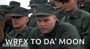 A Group Of Soldiers Are Sitting In A Row With The Words `` Wrfx To Da ' Moon '' Above Them . GIF