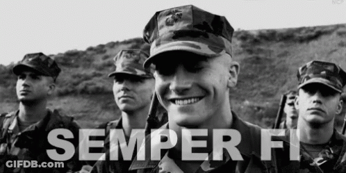A Group Of Soldiers Are Smiling In A Black And White Photo With The Words Semper Fi Written In White Letters . GIF
