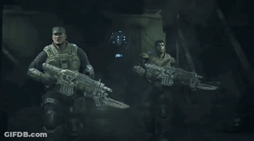A Group Of Soldiers Are Standing In A Dark Room With Guns GIF