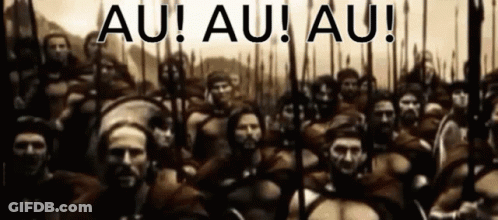 A Group Of Soldiers Are Standing In Front Of A Banner That Says " Au Au Au " GIF