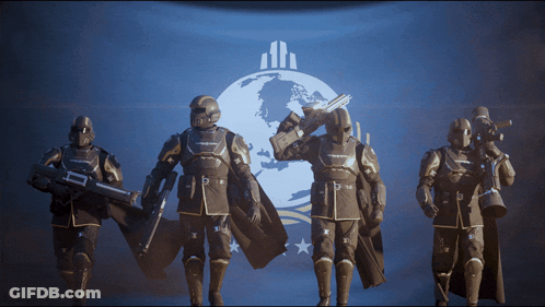 A Group Of Soldiers Are Standing In Front Of A Blue Background With A Globe In The Background GIF