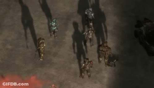 A Group Of Soldiers Are Standing In Front Of A Building That Has A Sign On It That Says ' Warehouse ' GIF