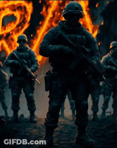 A Group Of Soldiers Are Standing In Front Of A Fire With The Letter R Visible GIF