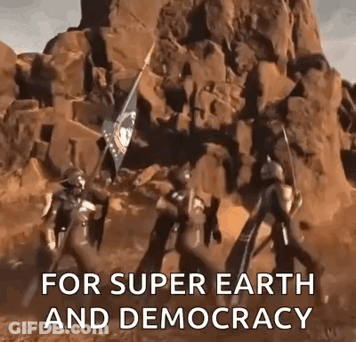 A Group Of Soldiers Are Standing In Front Of A Mountain Holding Flags And Saying `` For Super Earth And Democracy '' . GIF