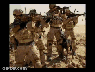 A Group Of Soldiers Are Standing In The Desert With Guns GIF