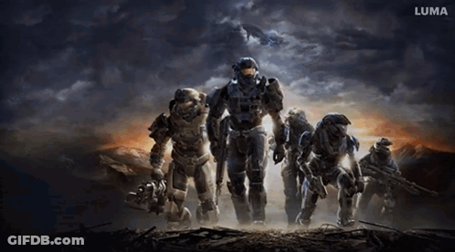 A Group Of Soldiers Are Standing Next To Each Other And The Word Luma Is On The Bottom GIF