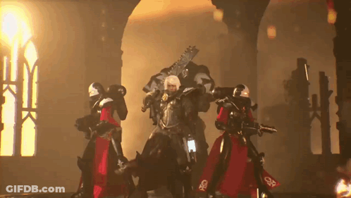 A Group Of Soldiers Are Standing Next To Each Other In A Dark Room Holding Guns . GIF